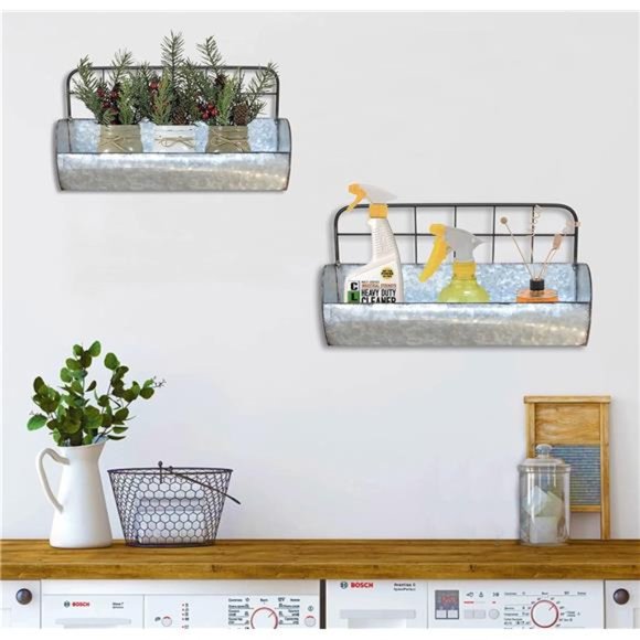 Galvanized Metal Farmhouse Wall Storage Holder Rustic Tin Shelves for Kitchen - Picture 5 of 7